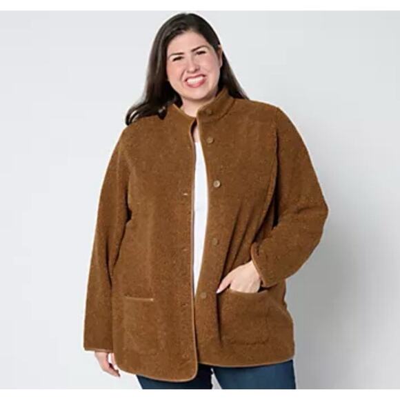 Susan Graver Bonded Fleece Button-Front Jacket Faux Leather Trim Large Brown - Picture 1 of 9